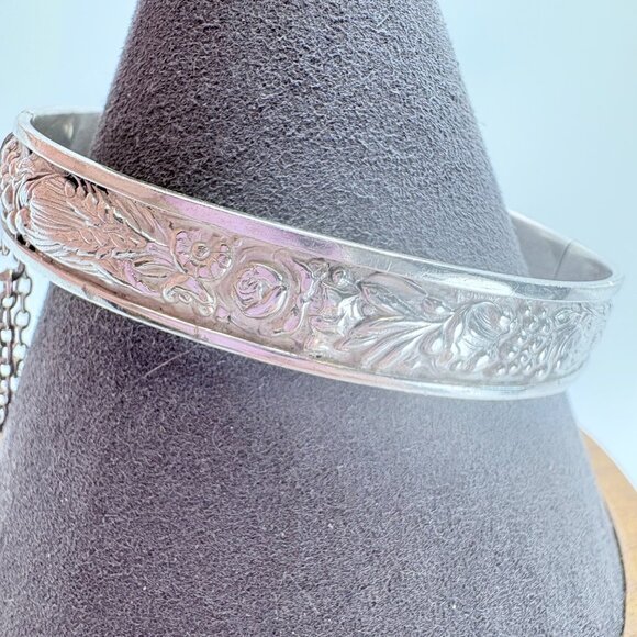 Antique Sterling Silver 925 Rose Flower Design Hinged Bangle Bracelet Size L - Picture 5 of 10